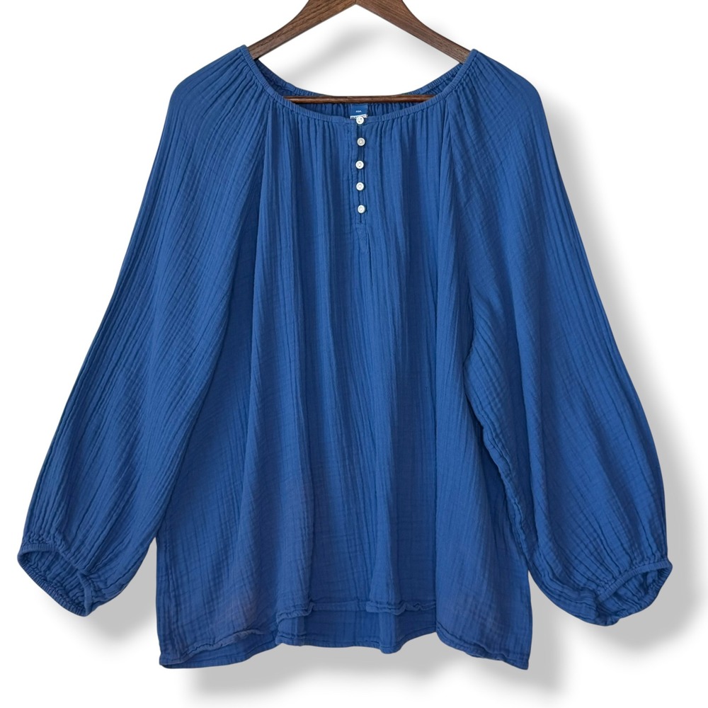 Old Navy Blouse XXL Blue 100% Cotton Gauze Boho Chic Peasant Balloon Long Sleeve
